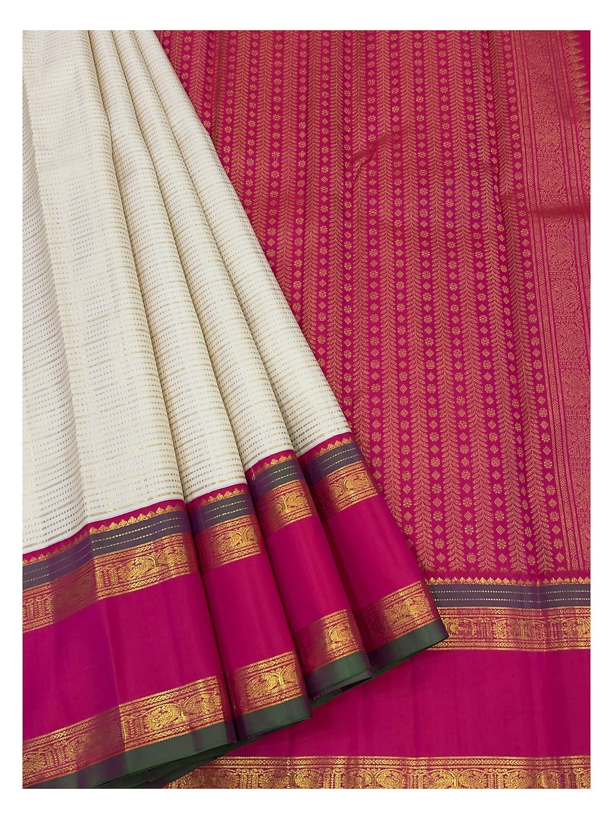 Handwoven Kanchipuram Silk Saree - Off White with Rani Pink Contrast Border