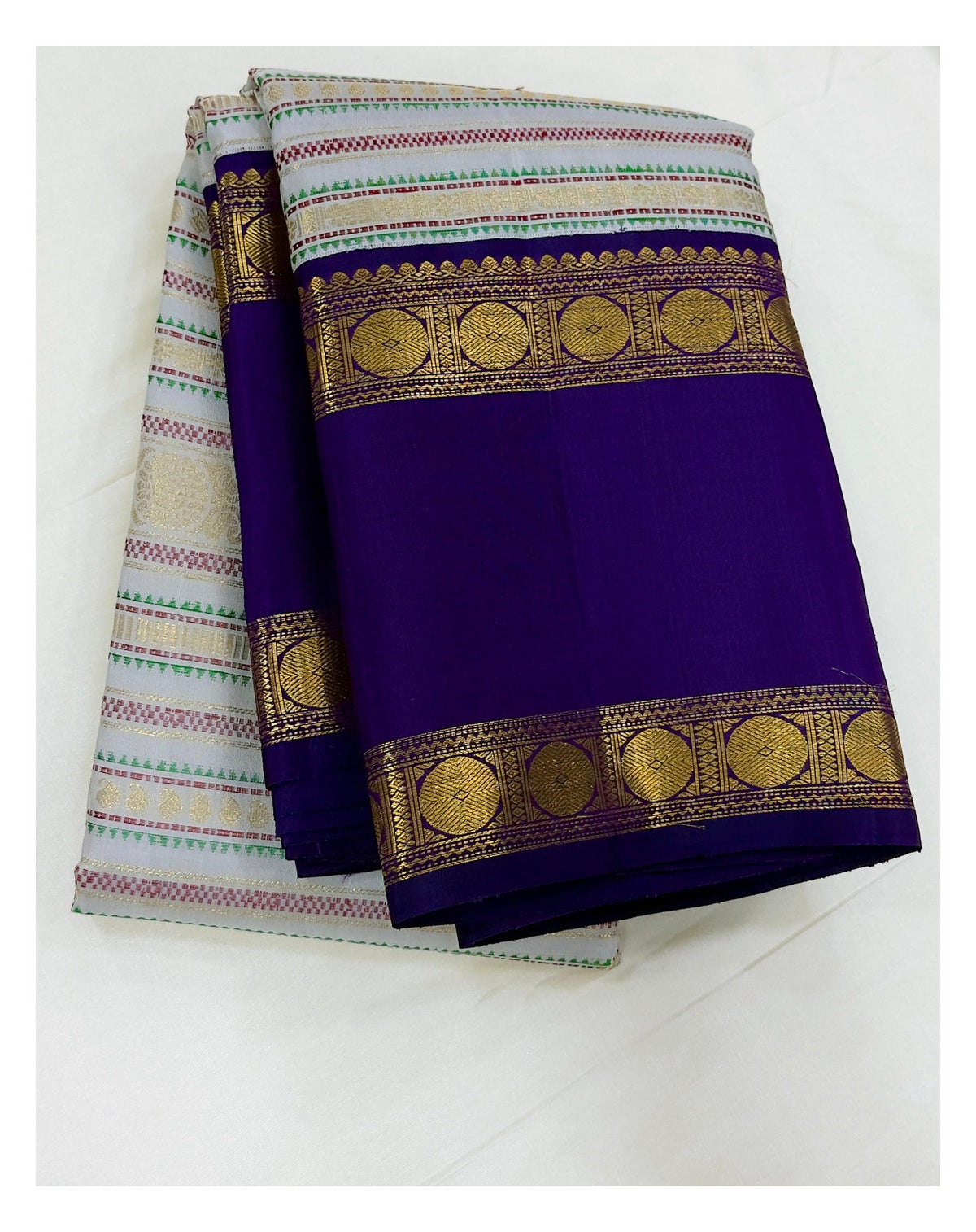 Handwoven Kanchipuram Silk Saree - Off White with Royal Purple Border front view