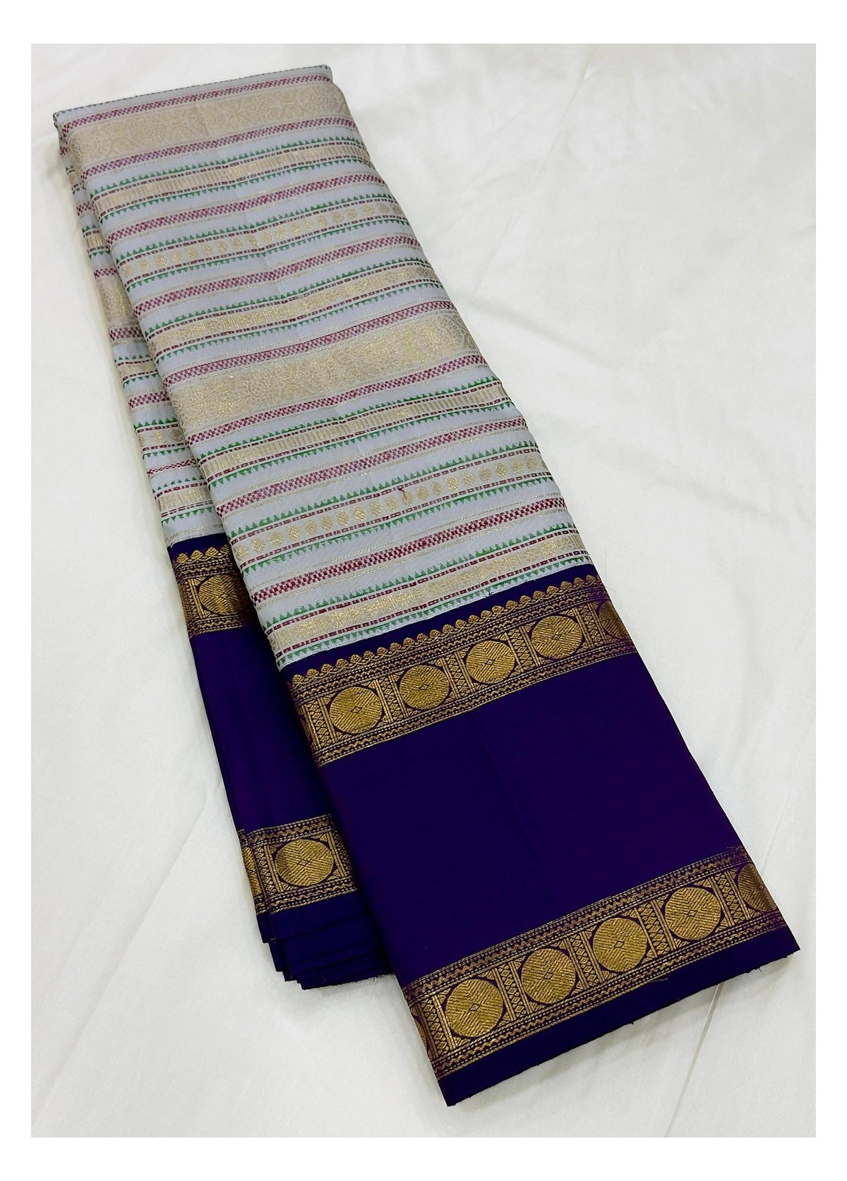 Handwoven Kanchipuram Silk Saree - Off White with Royal Purple Border