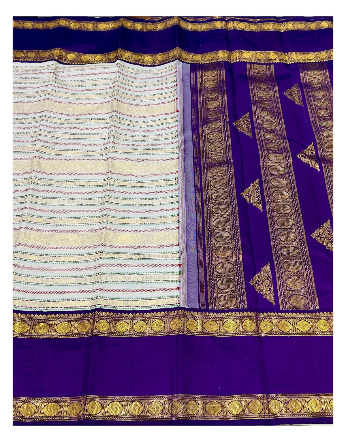 Handwoven Kanchipuram Silk Saree - Off White with Royal Purple Border