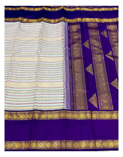 Handwoven Kanchipuram Silk Saree - Off White with Royal Purple Border