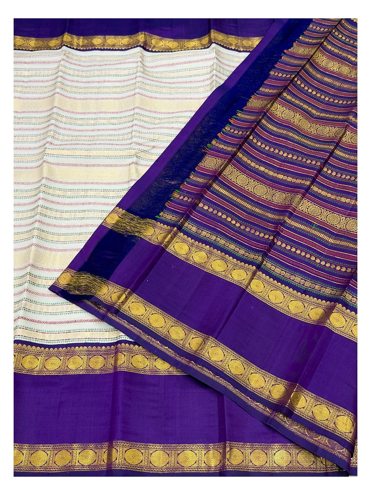 Handwoven Kanchipuram Silk Saree - Off White with Royal Purple Border