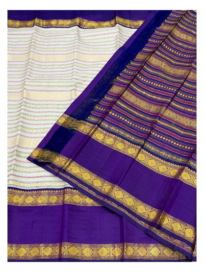 Handwoven Kanchipuram Silk Saree - Off White with Royal Purple Border