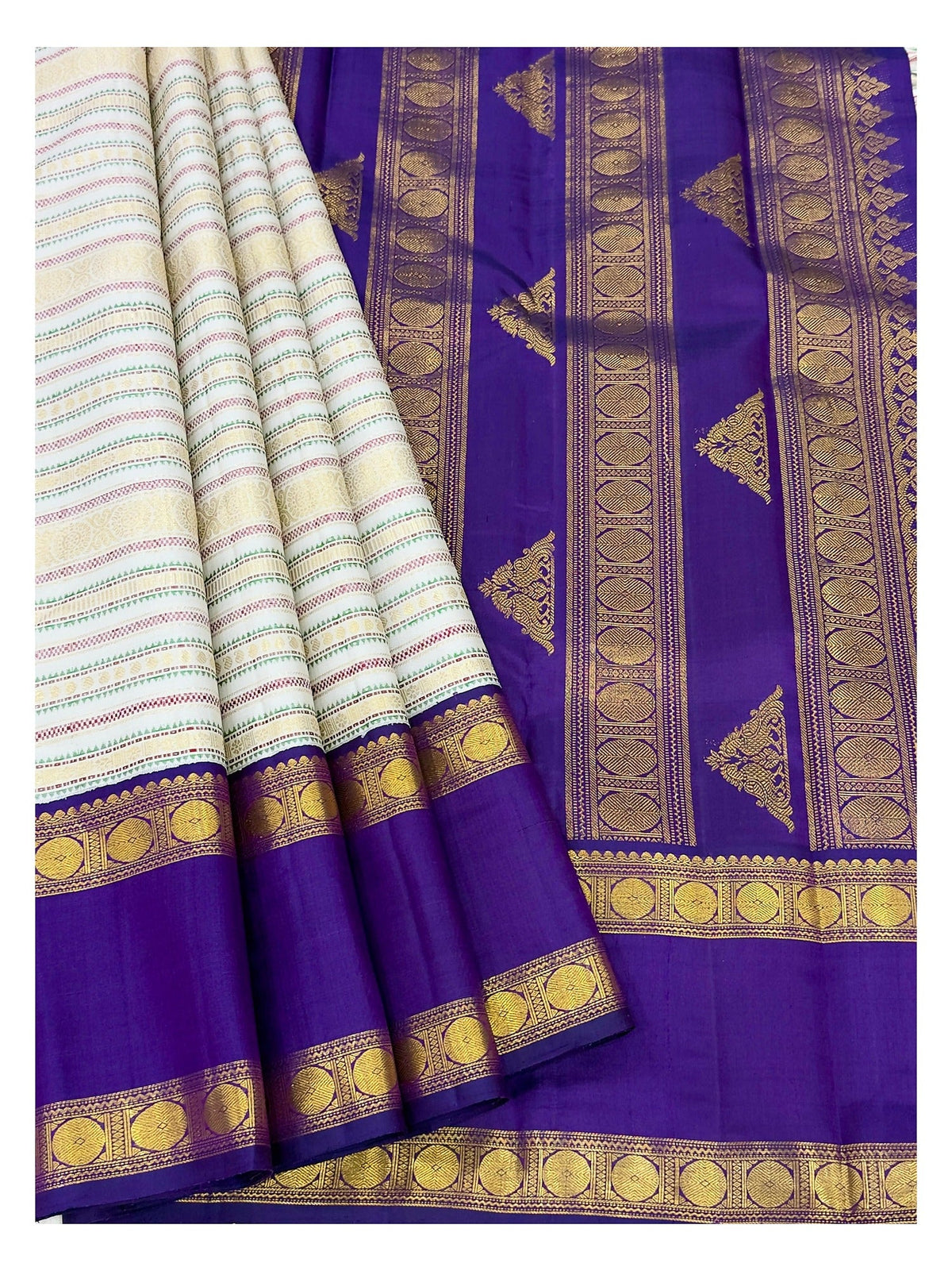 Handwoven Kanchipuram Silk Saree - Off White with Royal Purple Border
