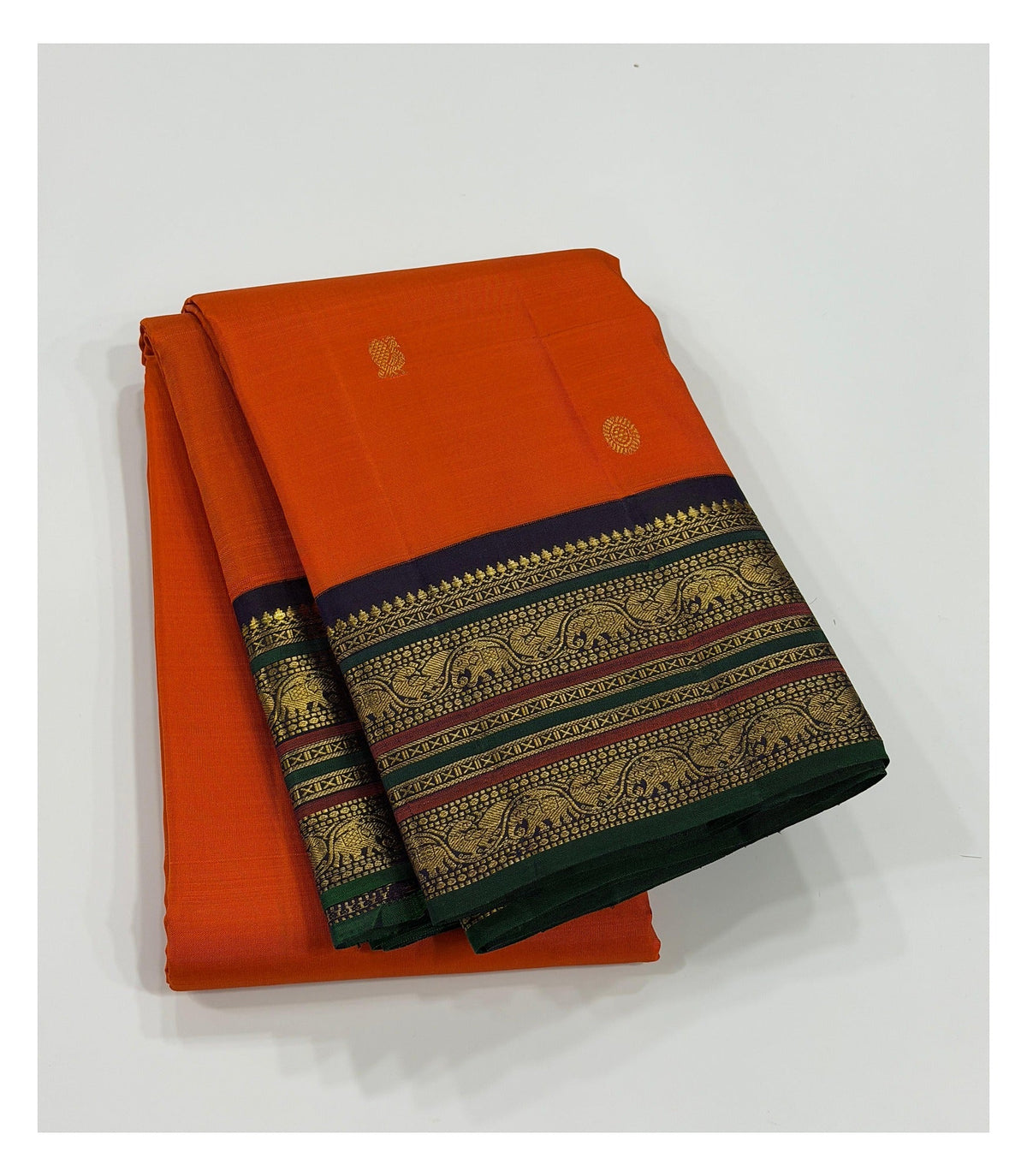 Handwoven Kanchipuram Silk Saree - Orange with Navy Elephant Border front view
