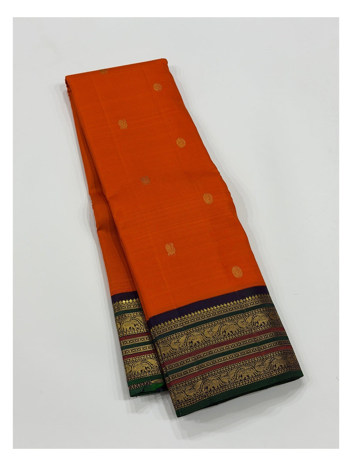 Handwoven Kanchipuram Silk Saree - Orange with Navy Elephant Border