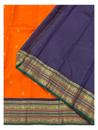 Handwoven Kanchipuram Silk Saree - Orange with Navy Elephant Border