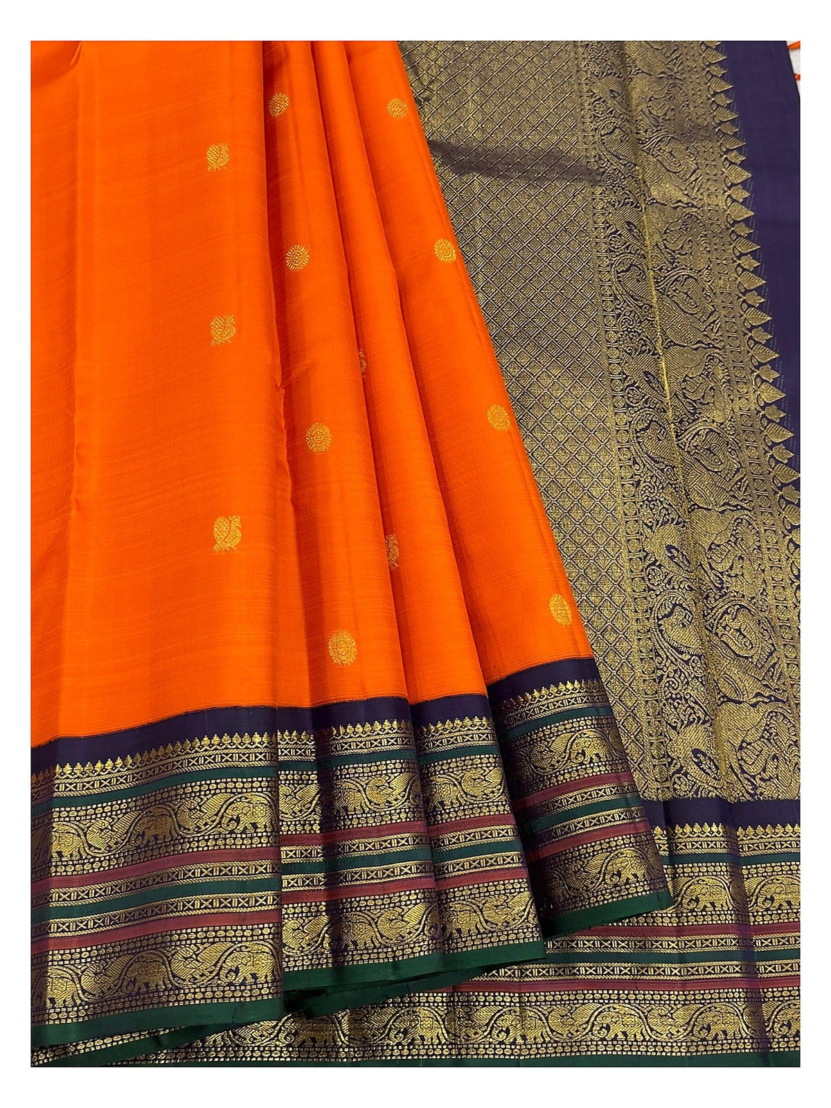 Handwoven Kanchipuram Silk Saree - Orange with Navy Elephant Border