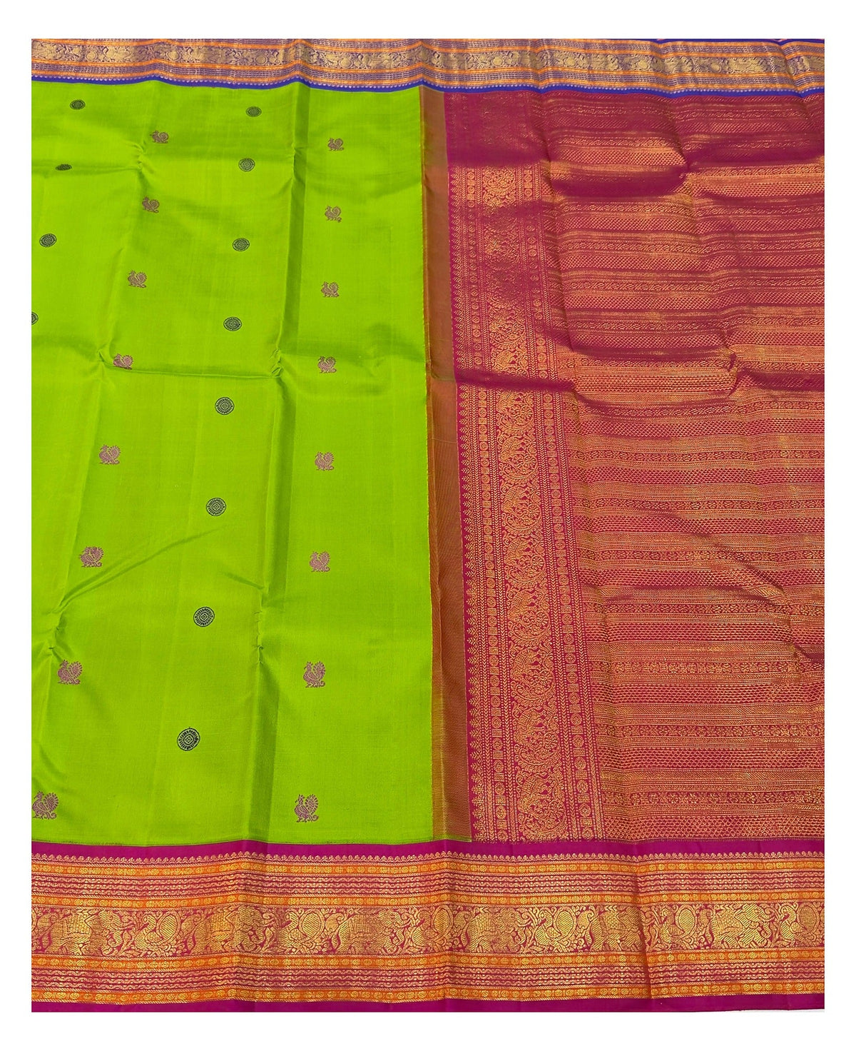 Handwoven Kanchipuram Silk Saree - Parrot Green with Magenta Contrast Border