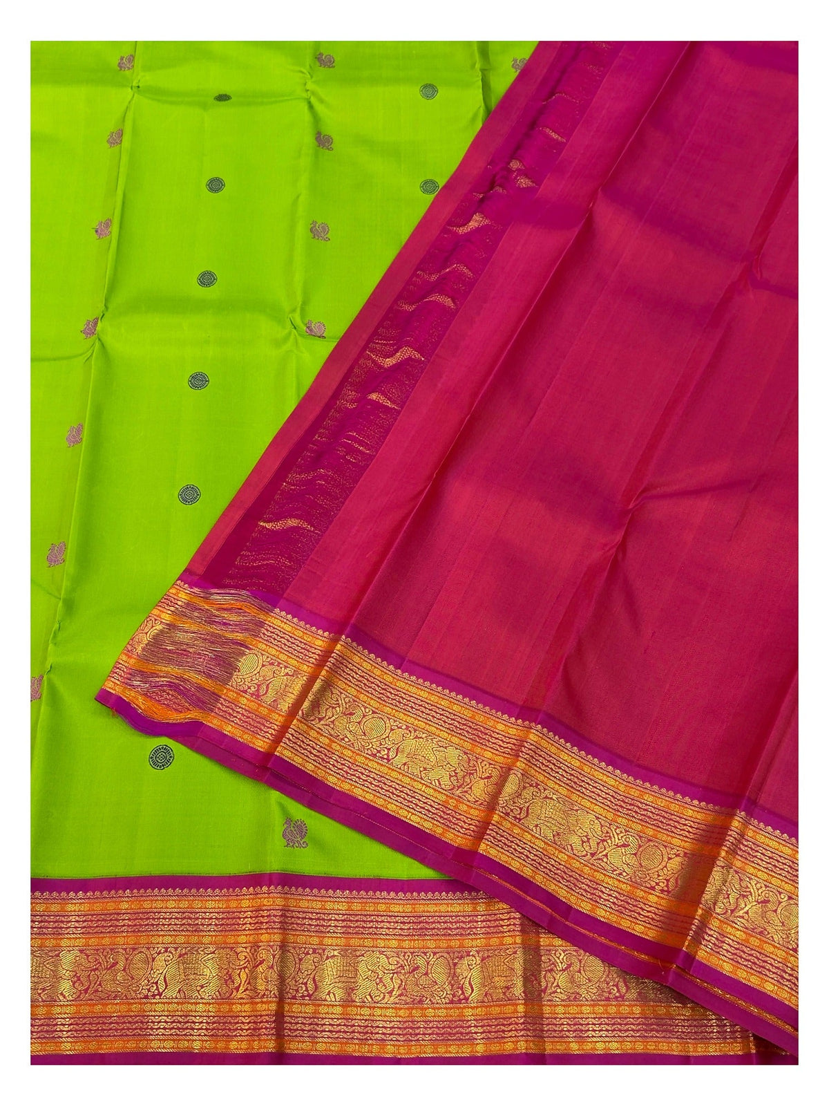 Handwoven Kanchipuram Silk Saree - Parrot Green with Magenta Contrast Border