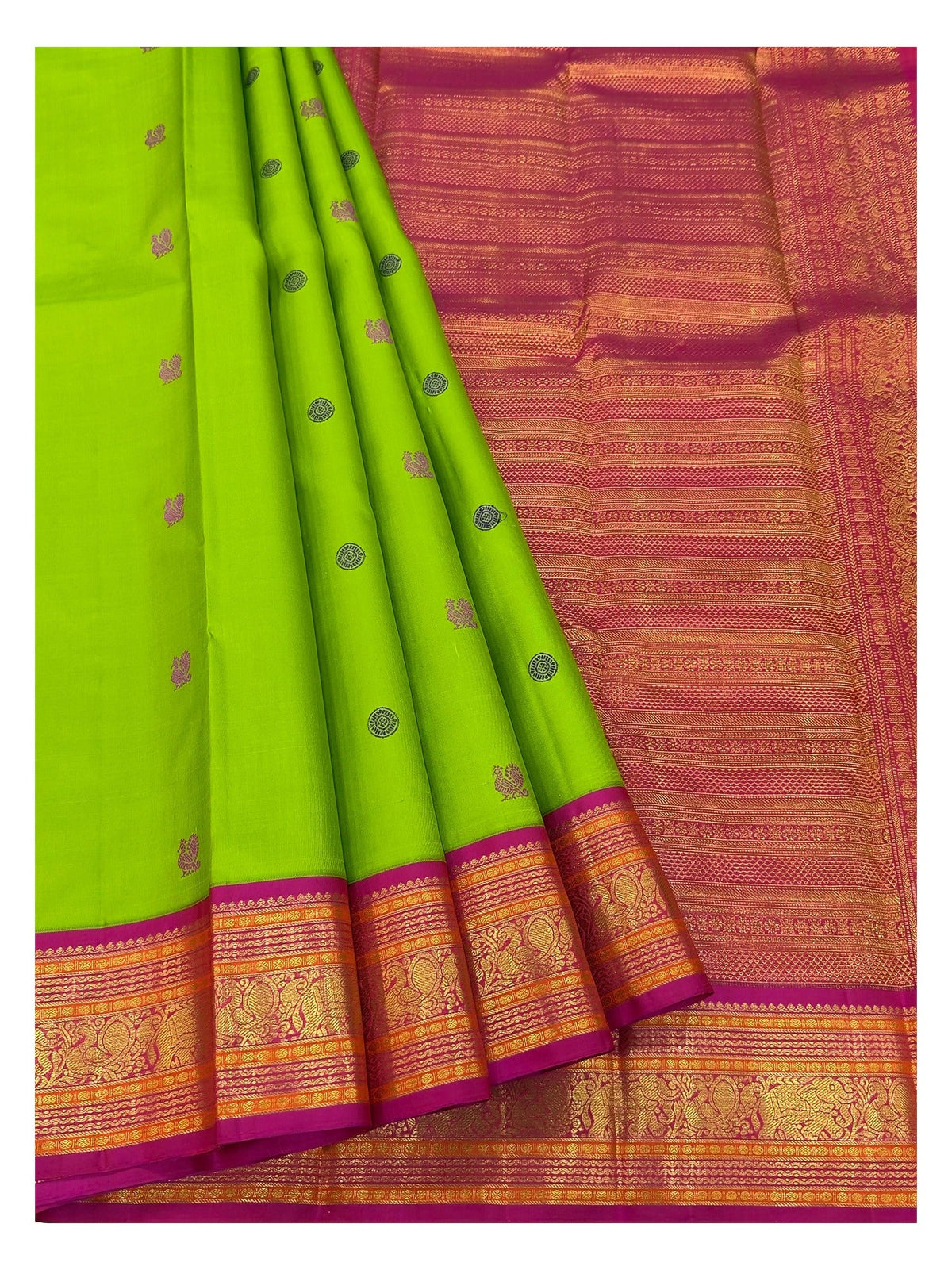 Handwoven Kanchipuram Silk Saree - Parrot Green with Magenta Contrast Border