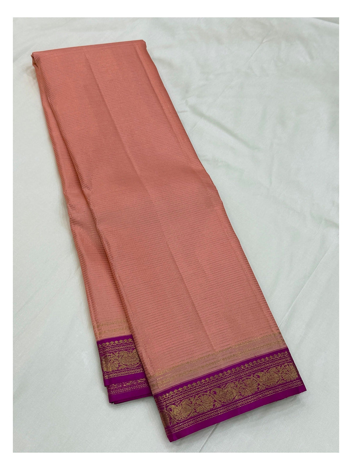 Handwoven Kanchipuram Silk Saree - Peach with Magenta Zari Border