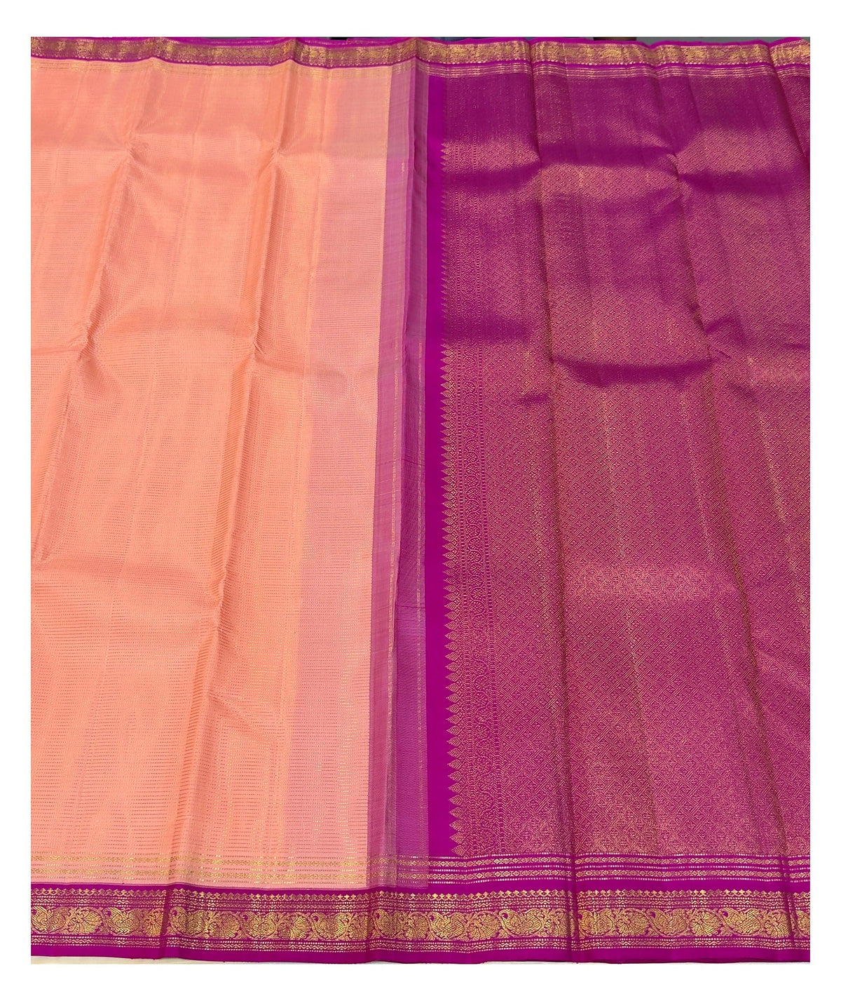 Handwoven Kanchipuram Silk Saree - Peach with Magenta Zari Border