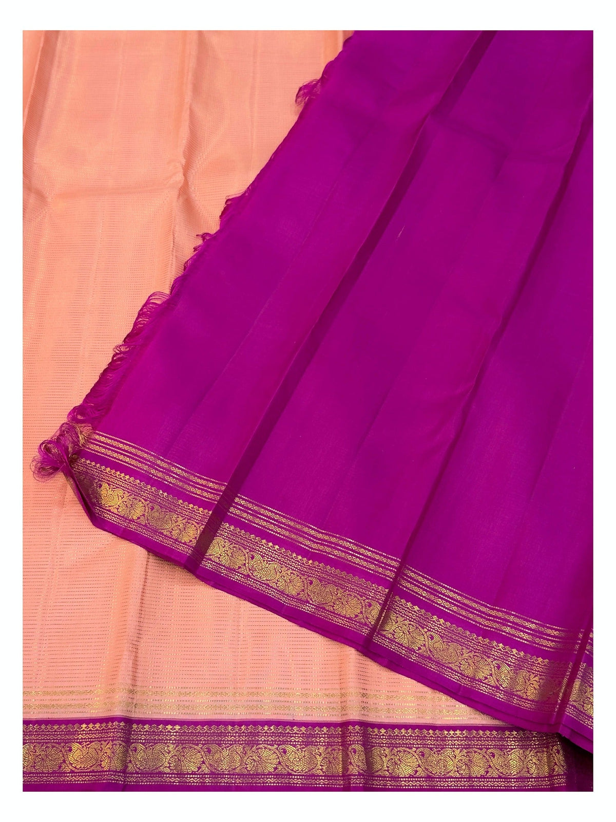 Handwoven Kanchipuram Silk Saree - Peach with Magenta Zari Border