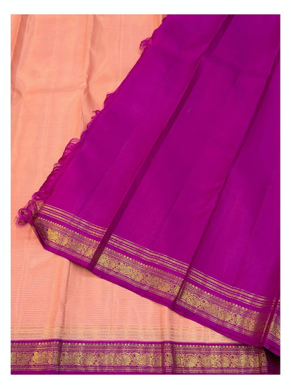Handwoven Kanchipuram Silk Saree - Peach with Magenta Zari Border