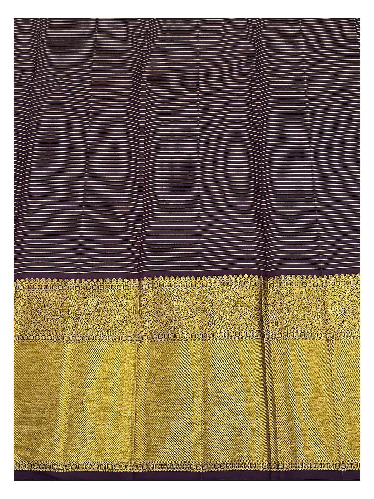 Handwoven Kanchipuram Silk Saree - Plum, Teal and Maroon with Broad Gold Border