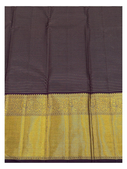 Handwoven Kanchipuram Silk Saree - Plum, Teal and Maroon with Broad Gold Border