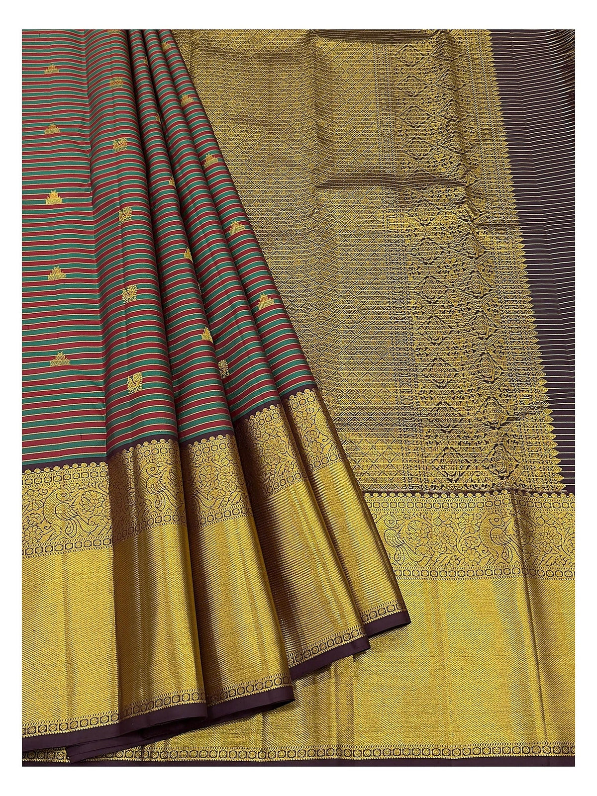 Handwoven Kanchipuram Silk Saree - Plum, Teal and Maroon with Broad Gold Border
