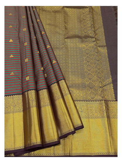 Handwoven Kanchipuram Silk Saree - Plum, Teal and Maroon with Broad Gold Border