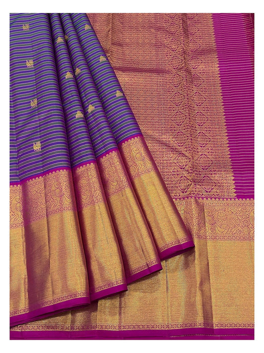 Handwoven Kanchipuram Silk Saree - Purple Stripe Body with Magenta and Gold-Toned Peacock Border