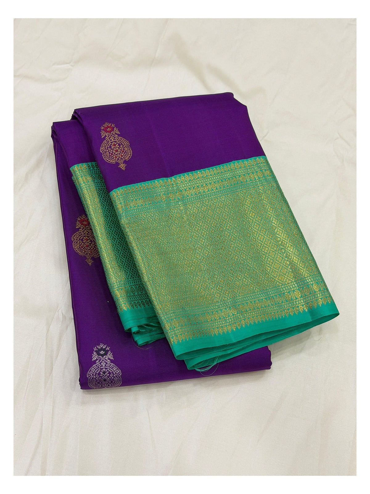 Handwoven Kanchipuram Silk Saree - Purple with Aqua Green Border front view