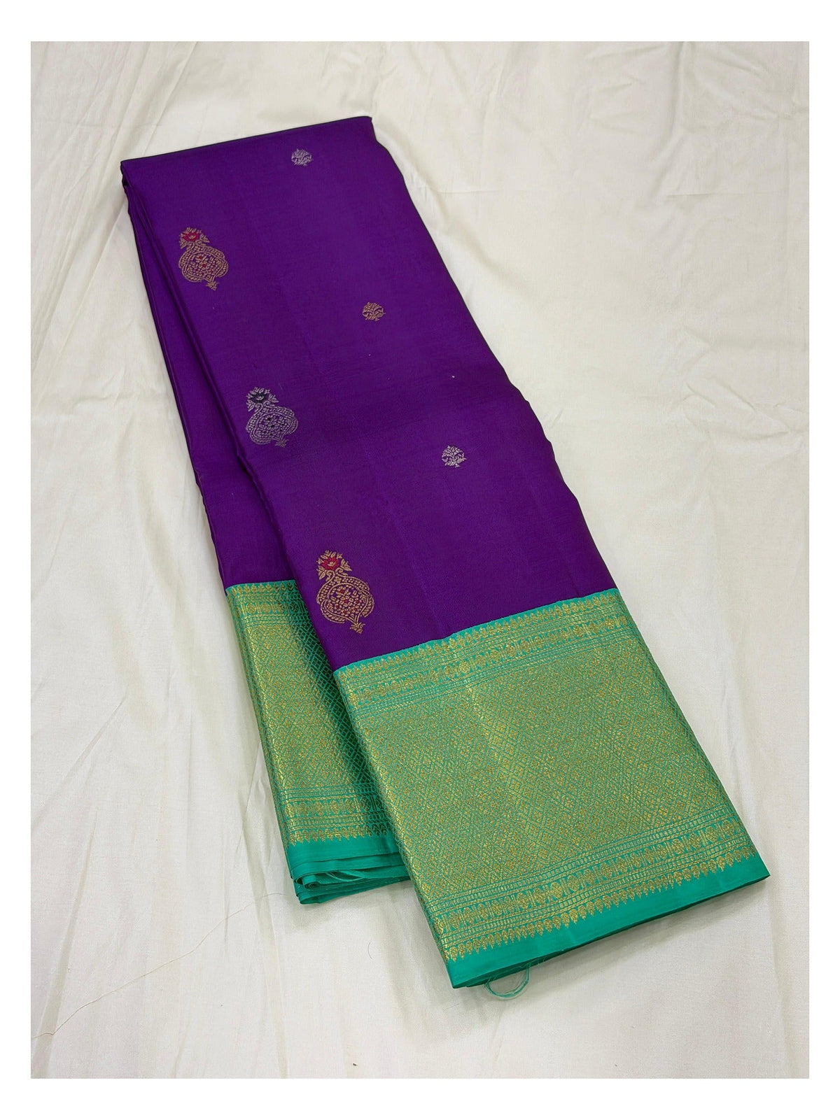 Handwoven Kanchipuram Silk Saree - Purple with Aqua Green Border