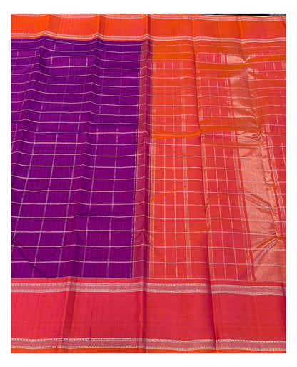 Handwoven Kanchipuram Silk Saree - Purple with Orange Contrast Border