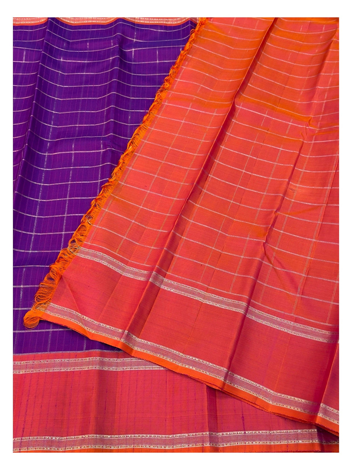 Handwoven Kanchipuram Silk Saree - Purple with Orange Contrast Border