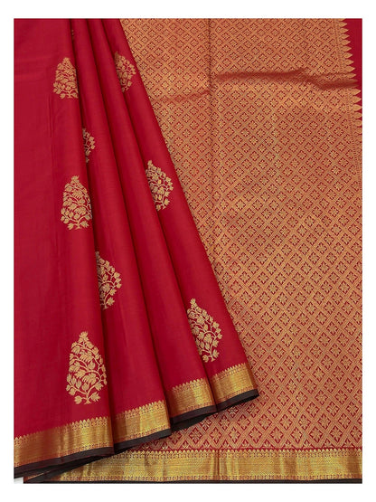 Handwoven Kanchipuram Silk Saree - Red with Gold Floral Buttas and Brocade Pallu