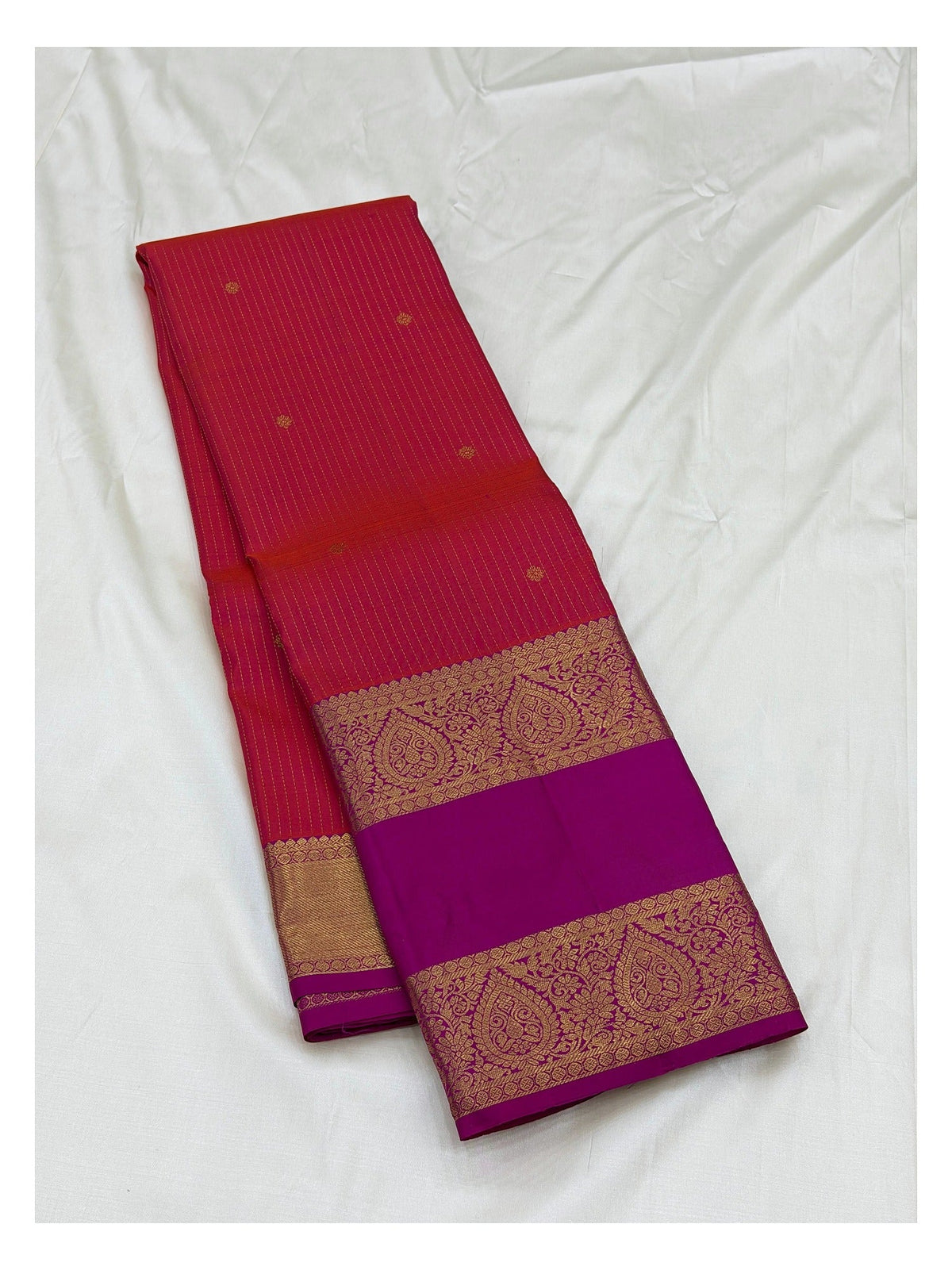Handwoven Kanchipuram Silk Saree - Red with Magenta Contrast Border