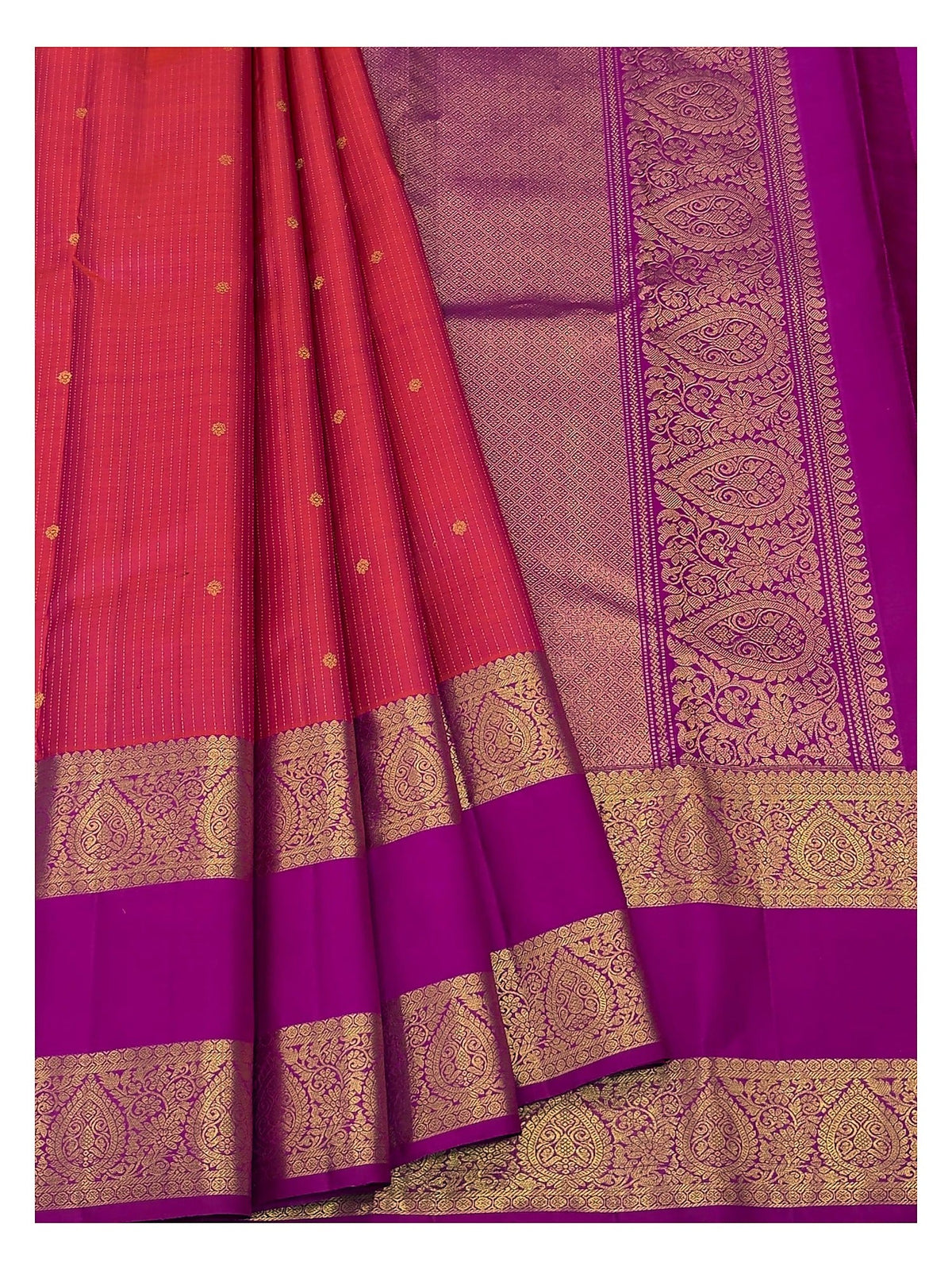 Handwoven Kanchipuram Silk Saree - Red with Magenta Contrast Border