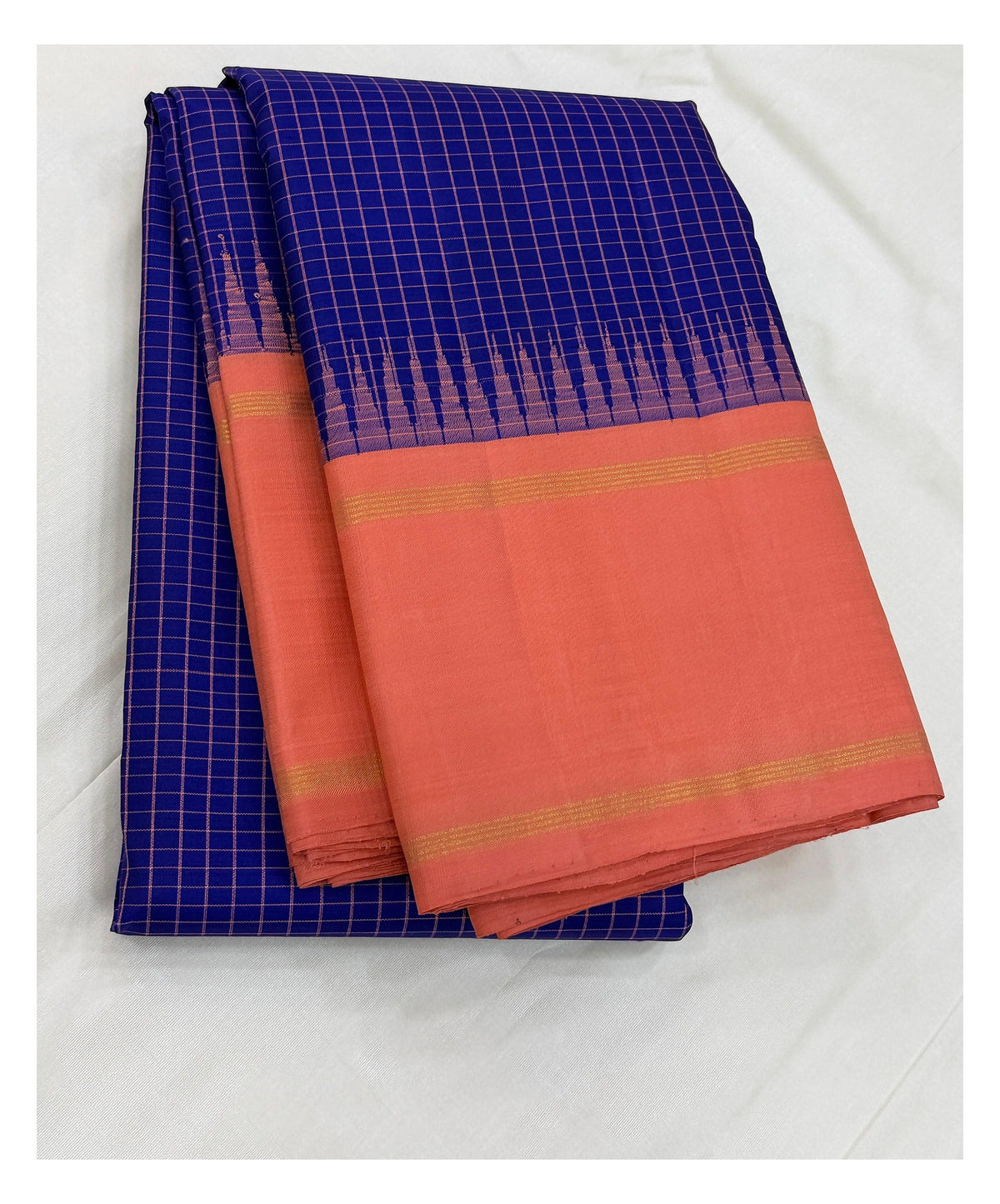Handwoven Kanchipuram Silk Saree - Royal Blue Checks with Coral Contrast Border front view