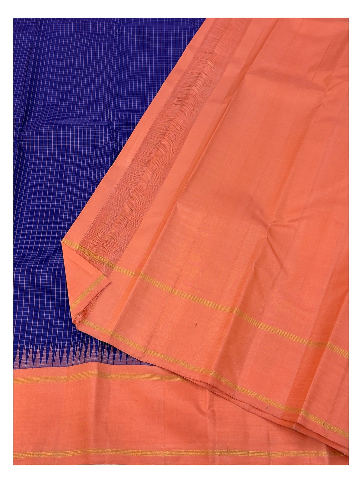Handwoven Kanchipuram Silk Saree - Royal Blue Checks with Coral Contrast Border