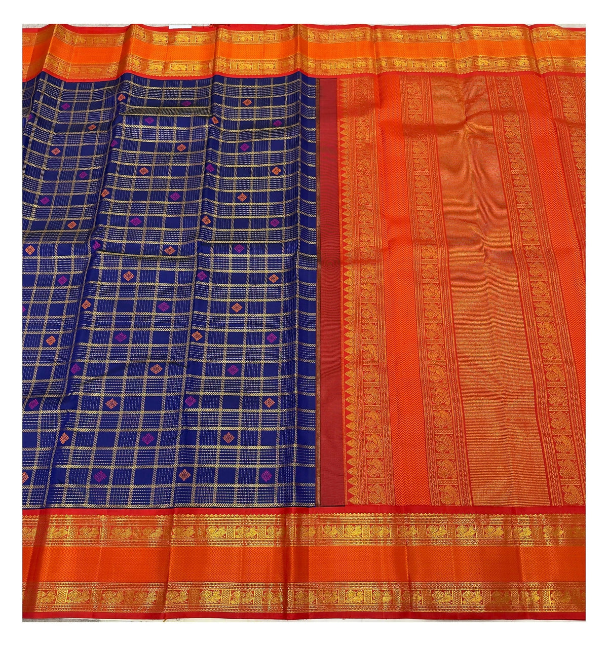 Handwoven Kanchipuram Silk Saree - Royal Blue Checks with Orange Zari Border