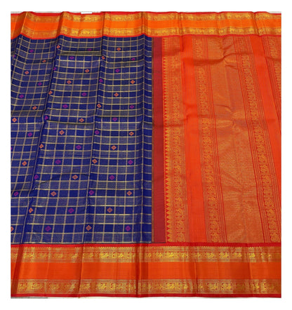 Handwoven Kanchipuram Silk Saree - Royal Blue Checks with Orange Zari Border