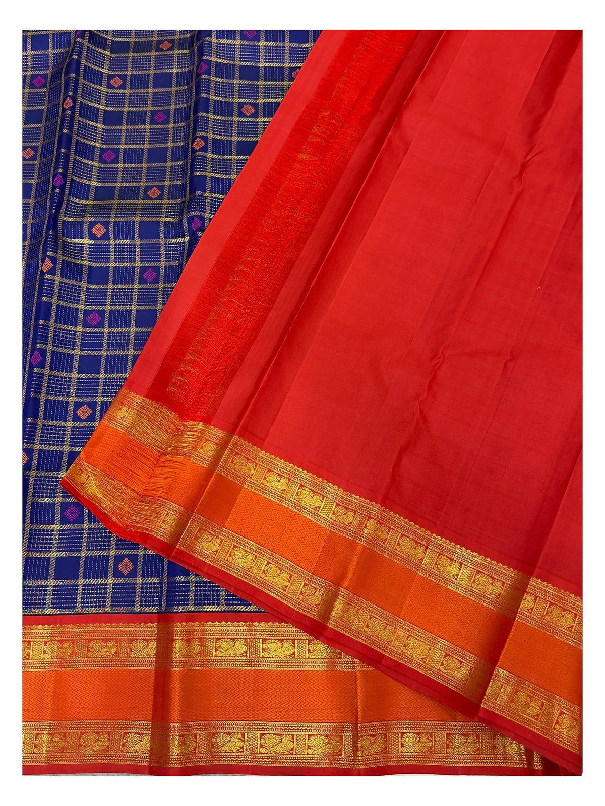 Handwoven Kanchipuram Silk Saree - Royal Blue Checks with Orange Zari Border