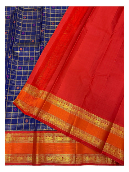 Handwoven Kanchipuram Silk Saree - Royal Blue Checks with Orange Zari Border