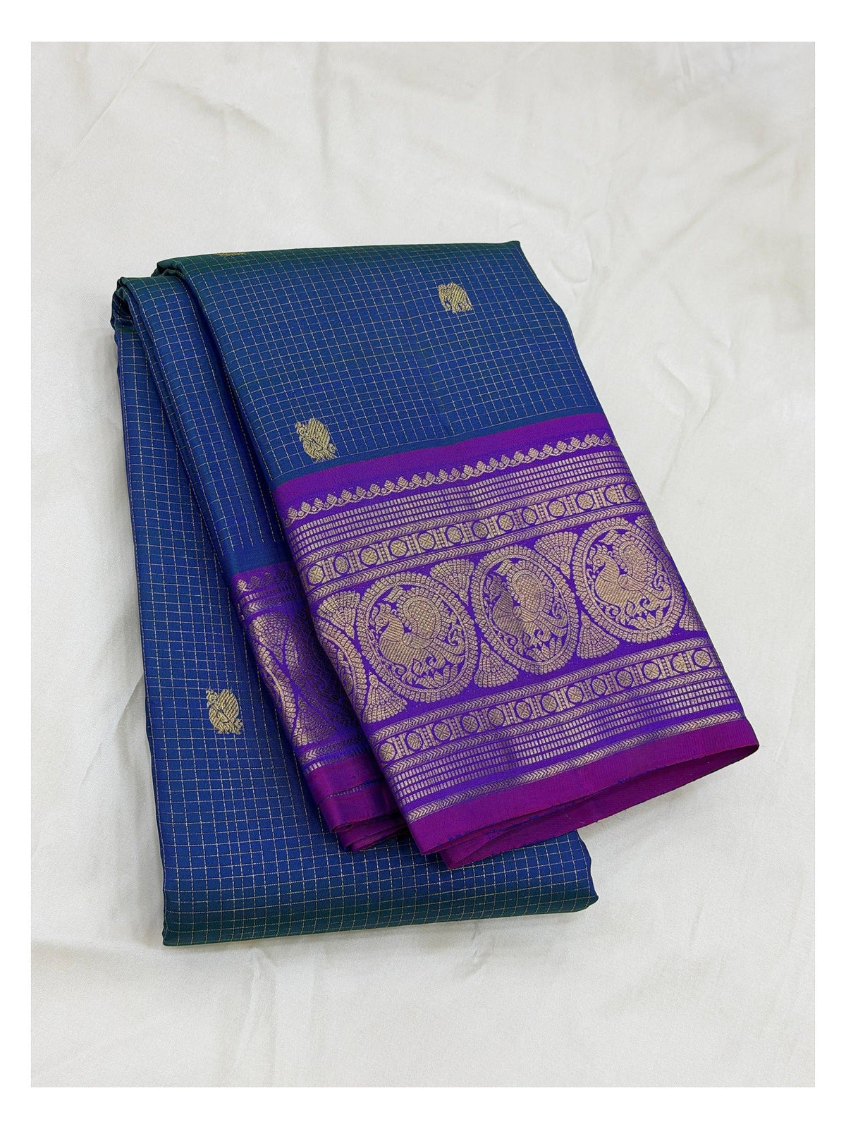 Handwoven Kanchipuram Silk Saree - Royal Blue Checks with Violet Peacock Border front view