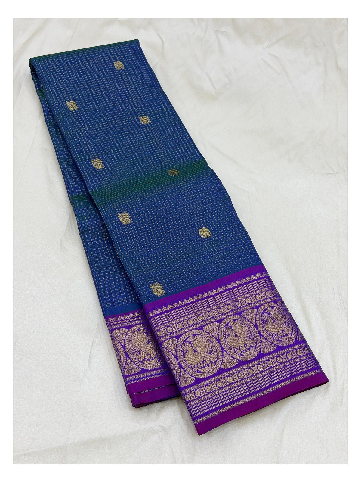 Handwoven Kanchipuram Silk Saree - Royal Blue Checks with Violet Peacock Border