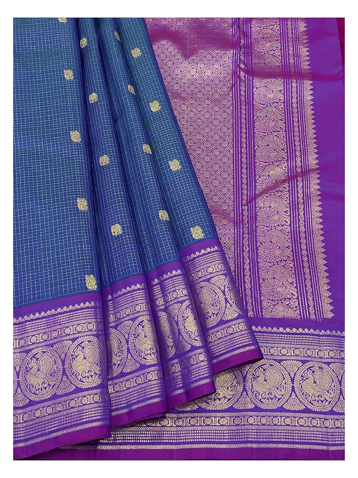 Handwoven Kanchipuram Silk Saree - Royal Blue Checks with Violet Peacock Border