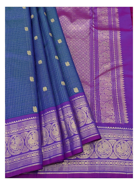Handwoven Kanchipuram Silk Saree - Royal Blue Checks with Violet Peacock Border