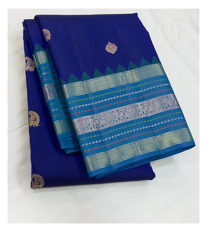 Handwoven Kanchipuram Silk Saree - Royal Blue with Aqua Contrast Border front view