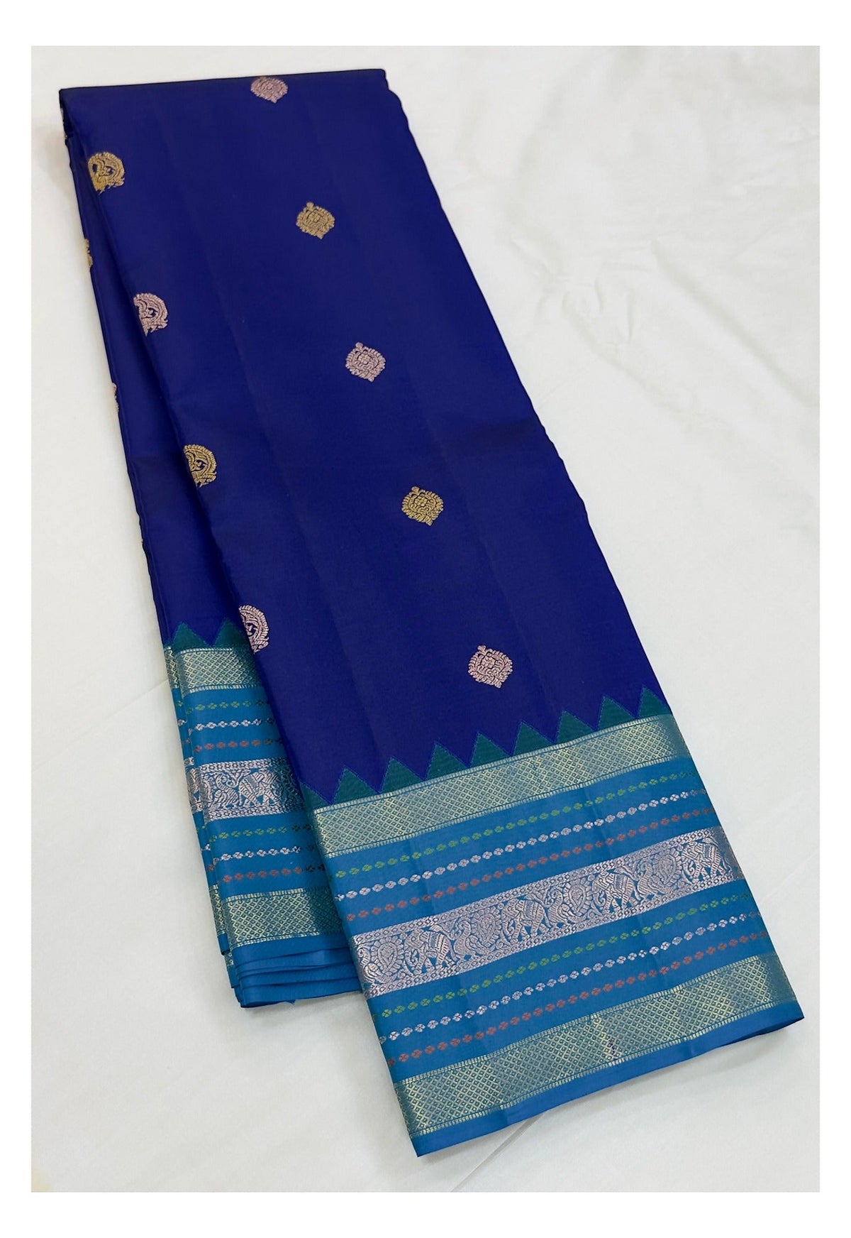 Handwoven Kanchipuram Silk Saree - Royal Blue with Aqua Contrast Border