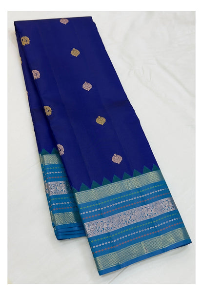 Handwoven Kanchipuram Silk Saree - Royal Blue with Aqua Contrast Border