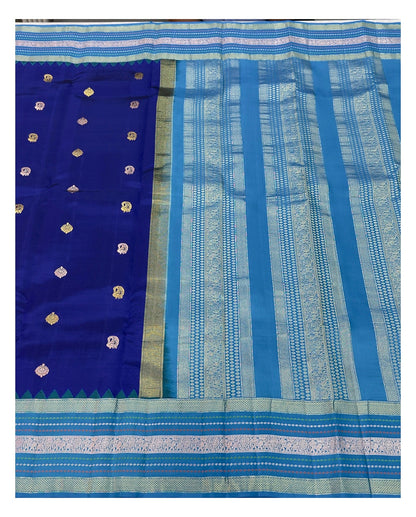 Handwoven Kanchipuram Silk Saree - Royal Blue with Aqua Contrast Border