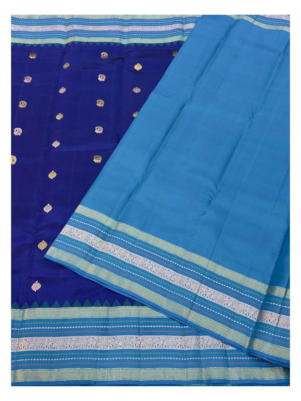 Handwoven Kanchipuram Silk Saree - Royal Blue with Aqua Contrast Border