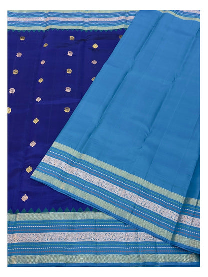 Handwoven Kanchipuram Silk Saree - Royal Blue with Aqua Contrast Border