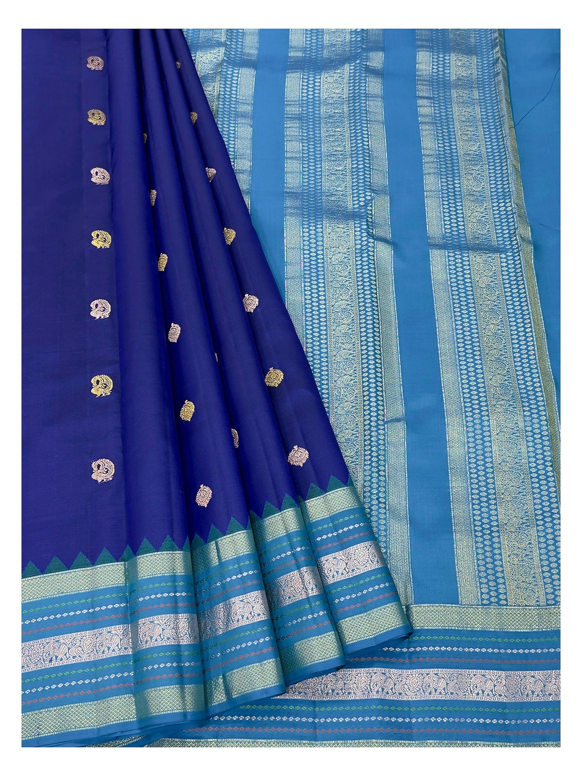 Handwoven Kanchipuram Silk Saree - Royal Blue with Aqua Contrast Border