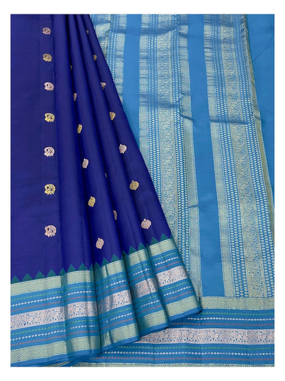 Handwoven Kanchipuram Silk Saree - Royal Blue with Aqua Contrast Border
