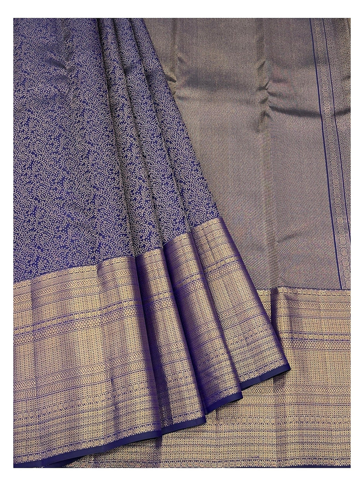 Handwoven Kanchipuram Silk Saree - Royal Blue with Gold Floral Vine Weave and Broad Zari Pallu